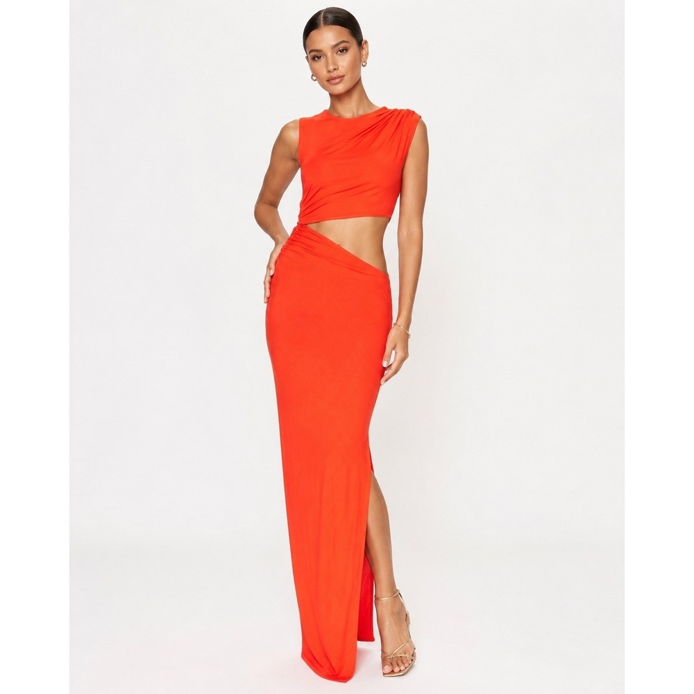 Atlein Collective Cutout Maxi Dress Womens Large Red Orange Evening Side Slit